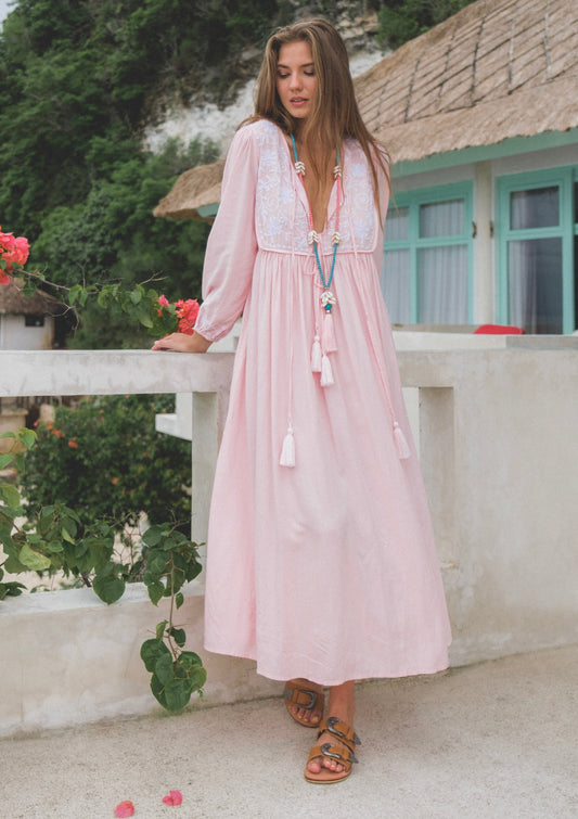 GODDESS DOOR EMBROIDERED PEONY MAXI DRESS