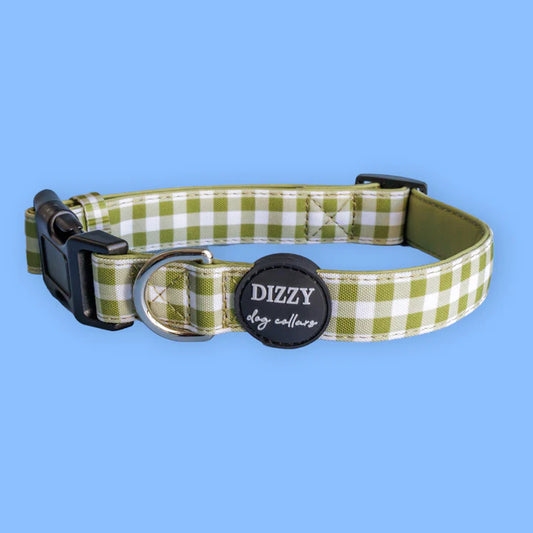 Olive Gingham Dog Collar | Canvas & Neoprene Dog Collar - Dizzy Dog