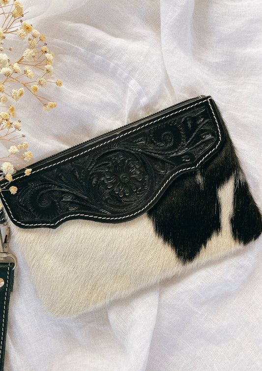 GODDESS DOOR BOHEMIAN TOOLED COWHIDE POUCH ~BLACK & WHITE~