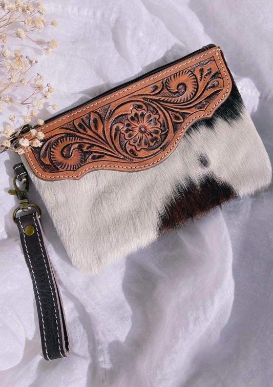 GODDESS DOOR COWHIDE LEATHER EMBOSSED POUCH ~CHOCOLATE