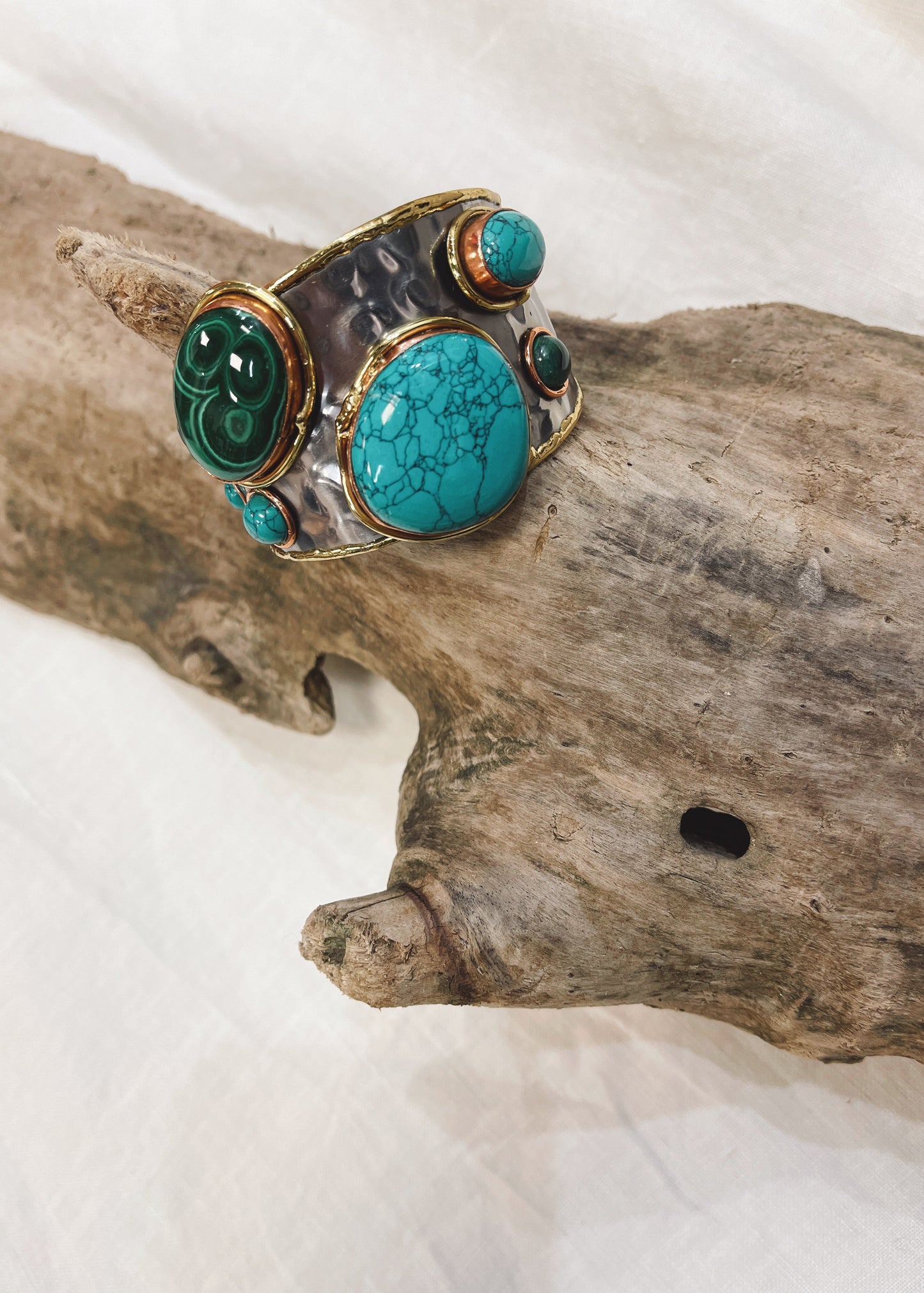 Brass Cuff Semi Precious Stones In Multi Turquoise ~ Malachite