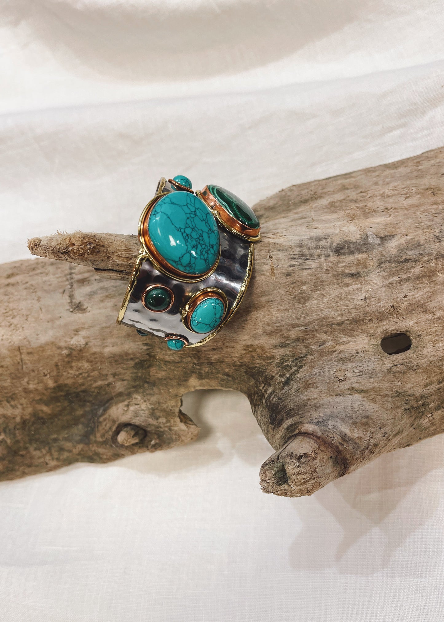 Brass Cuff Semi Precious Stones In Multi Turquoise ~ Malachite