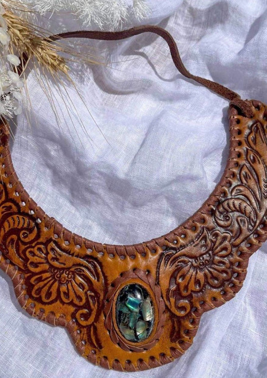 GODDESS DOOR LEATHER TOOLED NECK BAND ~ FOREST