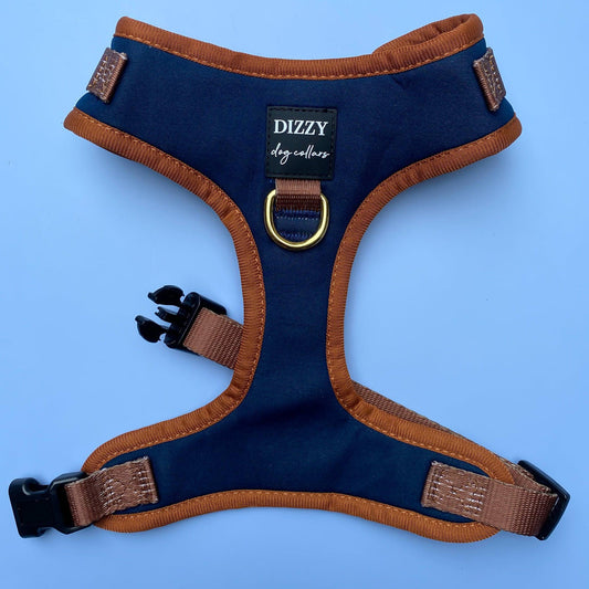 DOG HARNESS | The Coco | Neck Adjustable Dog Harness | Navy & Brown Dog Harness - Dizzy Dog