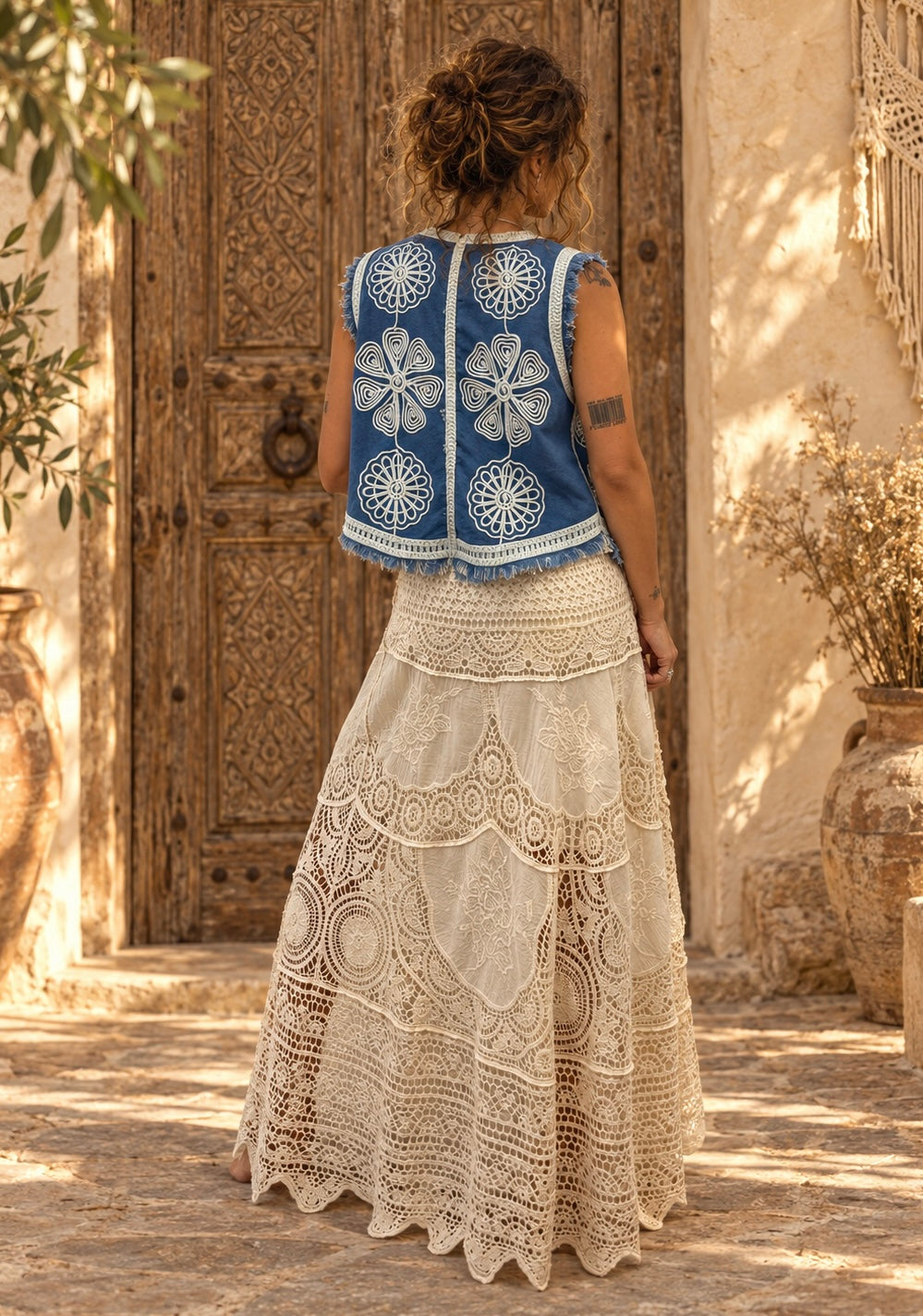 Ivory Sunflower Embroidered Denim Vest