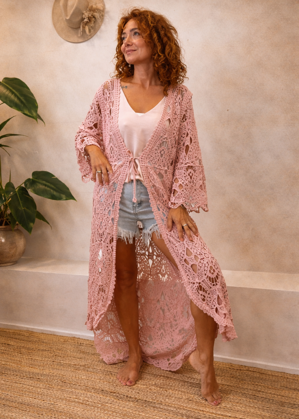 BOHO LACE KIMONO ~ PINK