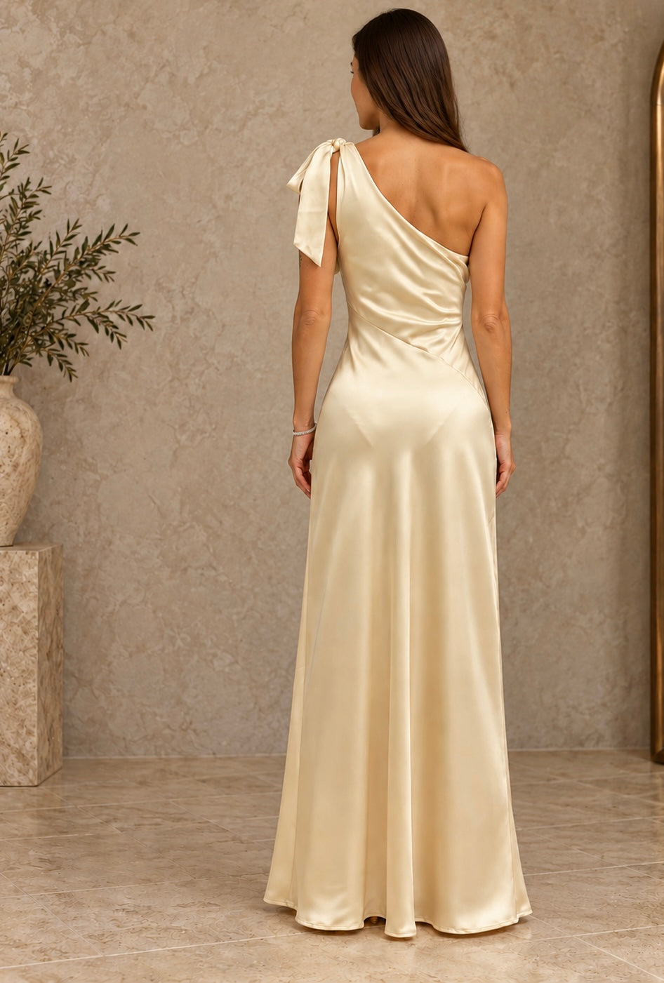 Amelie Champagne One Shoulder Bow Gown