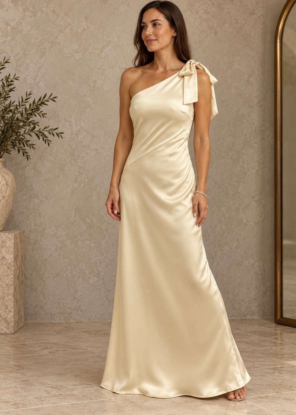 Amelie Champagne One Shoulder Bow Gown