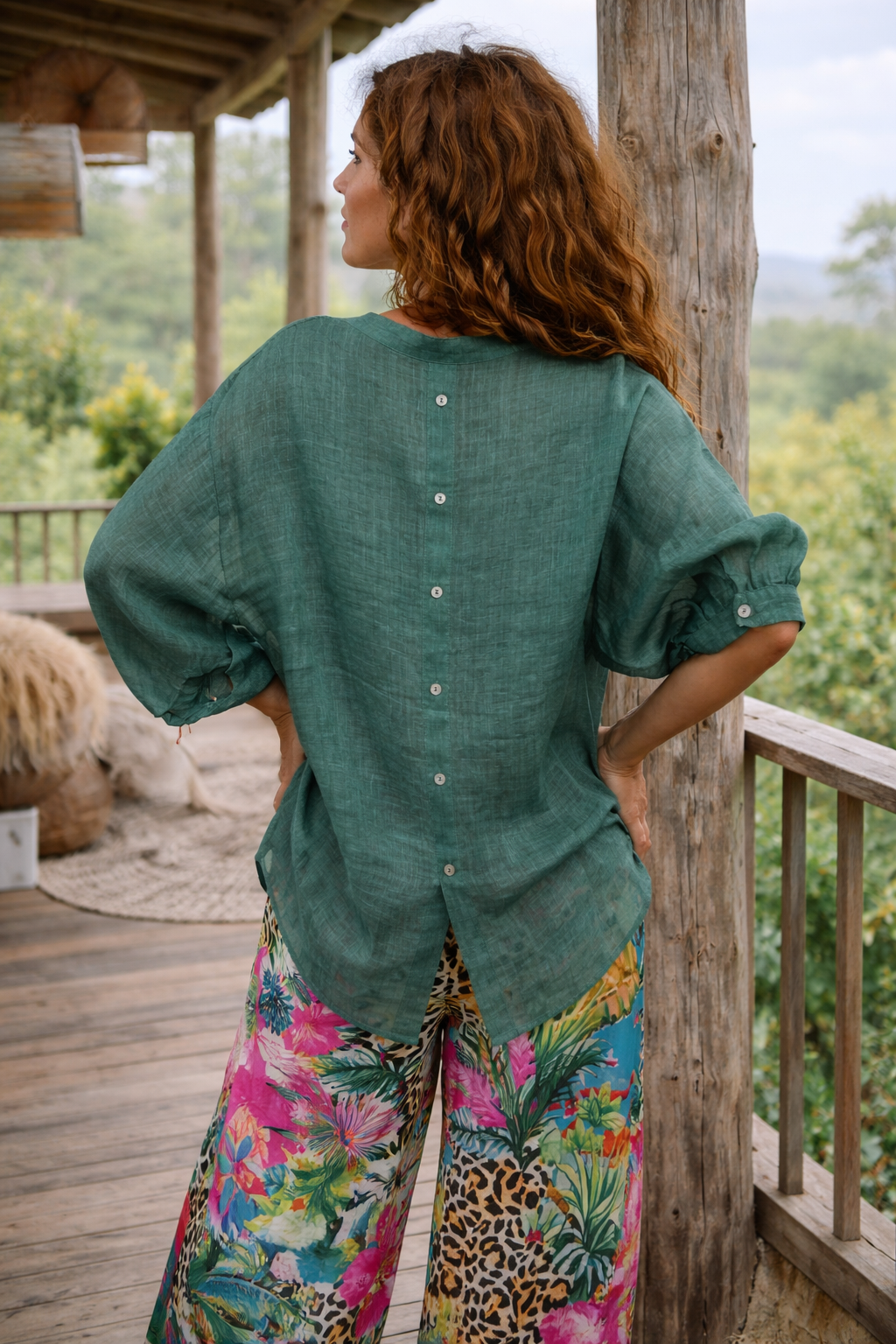 WORTHIER 100% LINEN TOP ~ Forrest Green