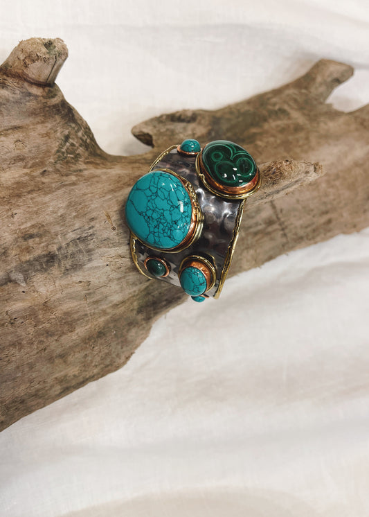 Brass Cuff Semi Precious Stones In Multi Turquoise ~ Malachite