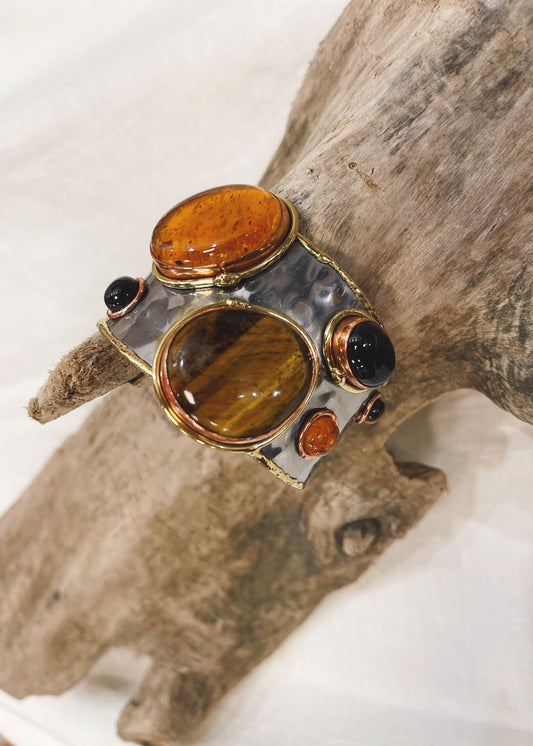 Brass Trim Cuff Semi Precious Stones In Multi Amber (Acrylic)/Tiger Eye/Black Onyx
