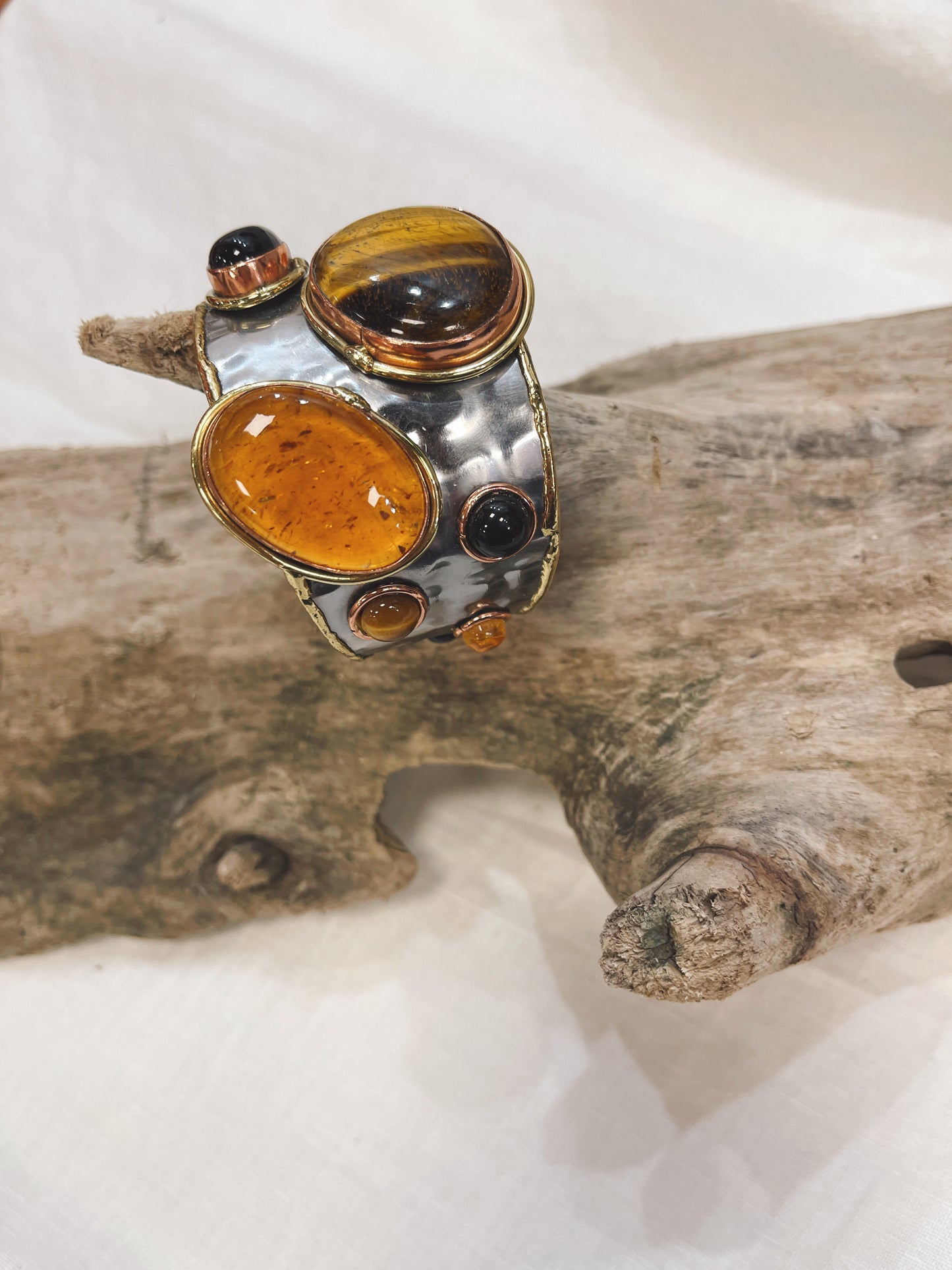 Brass Trim Cuff Semi Precious Stones In Multi Amber (Acrylic)/Tiger Eye/Black Onyx