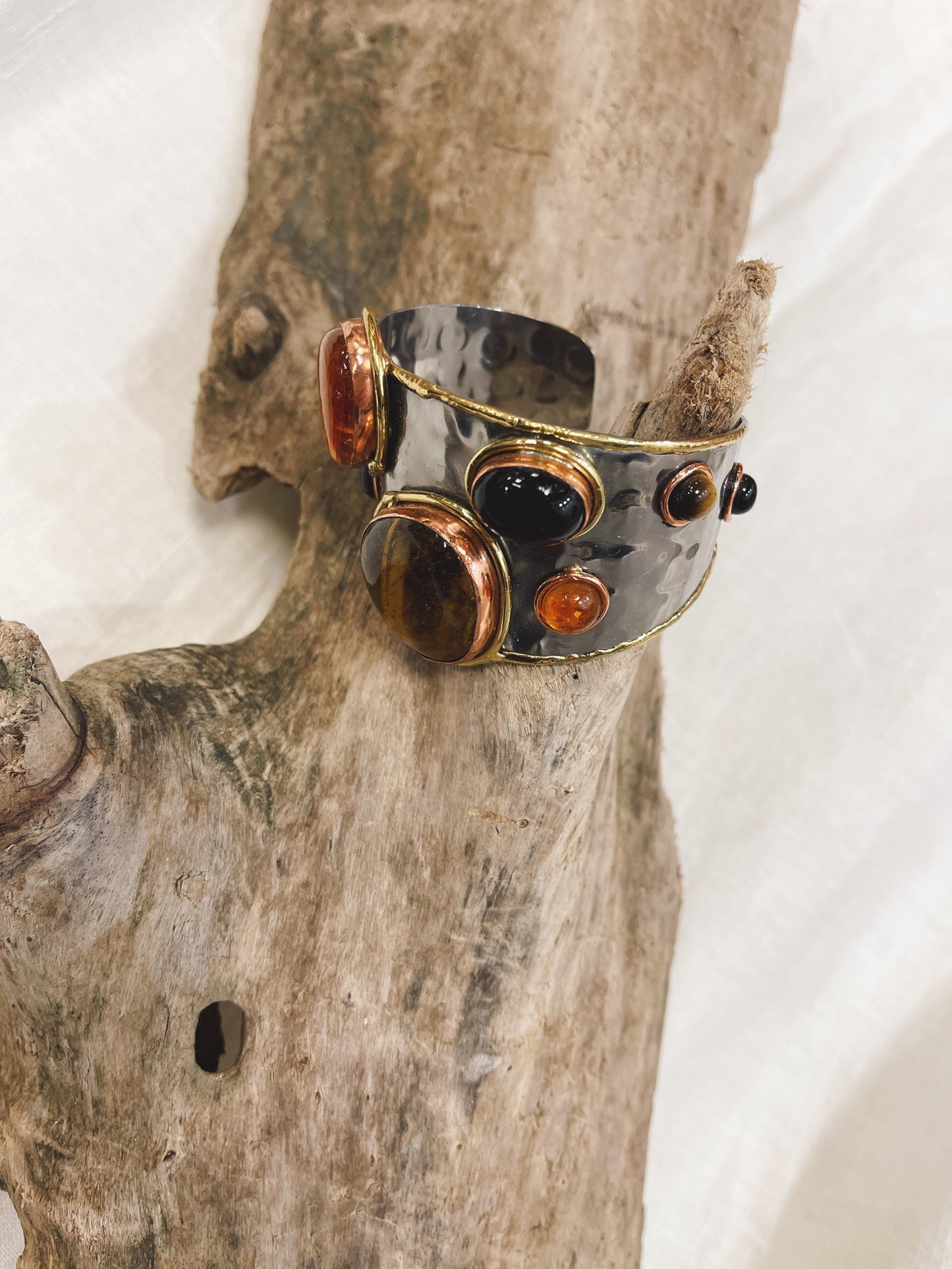 Brass Trim Cuff Semi Precious Stones In Multi Amber (Acrylic)/Tiger Eye/Black Onyx