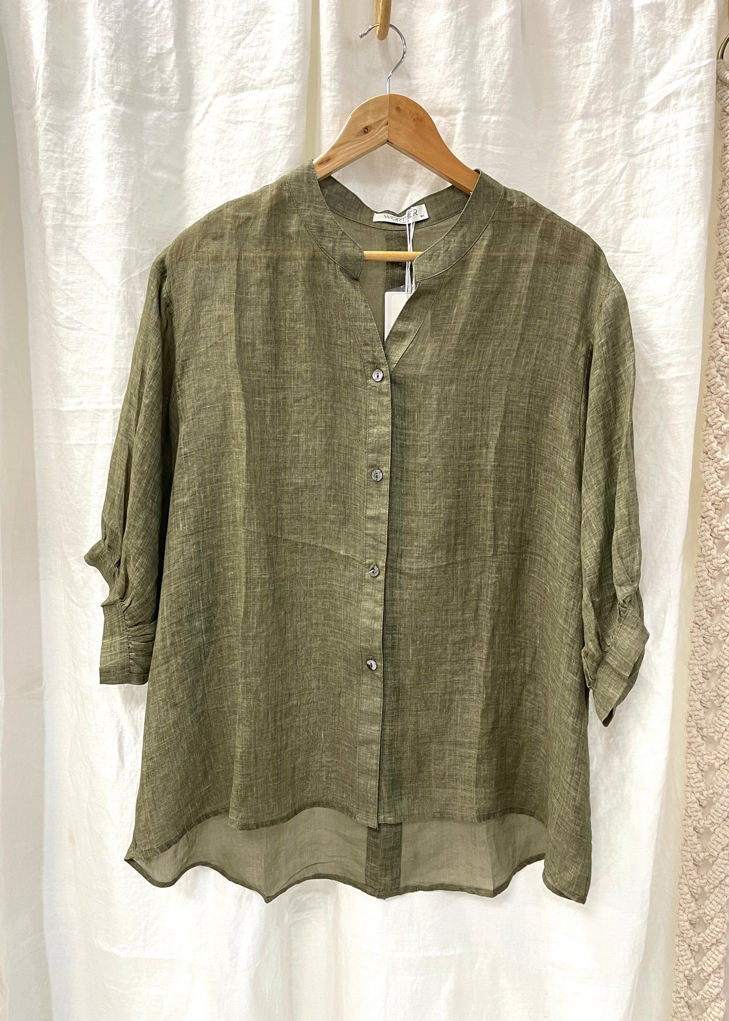 WORTHIER 100% LINEN TOP ~ OLIVE GREEN