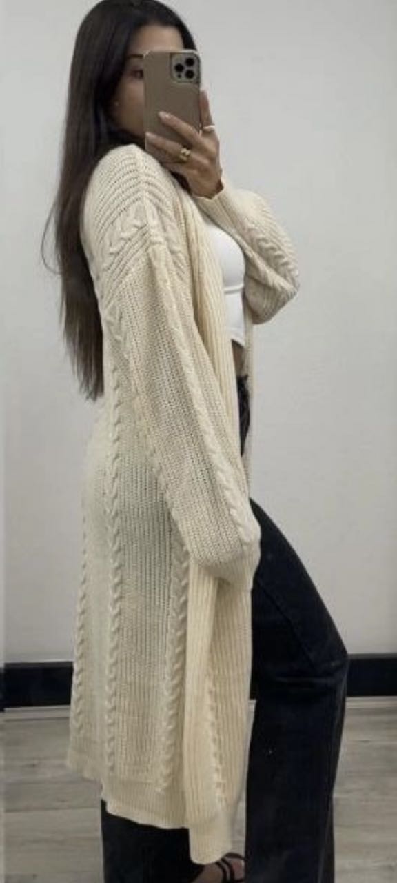 LONG CREAM CABLE KNIT CARDI