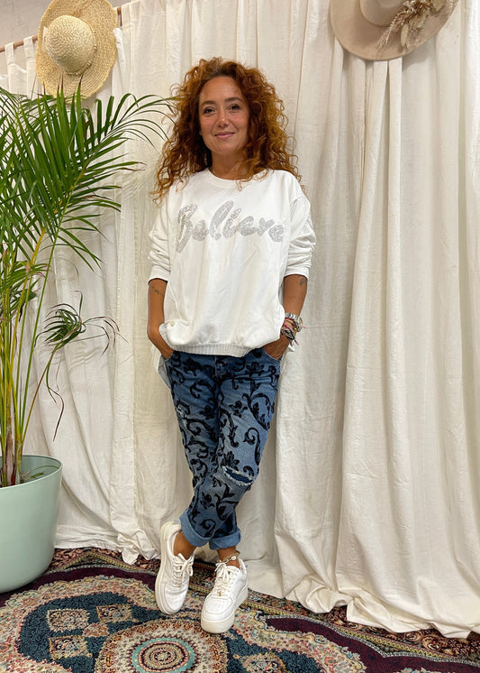 Oversized "Believe" Embellished Top - Made in Italy ~ WHITE