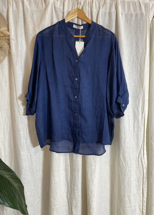 WORTHIER 100% LINEN TOP ~ NAVY