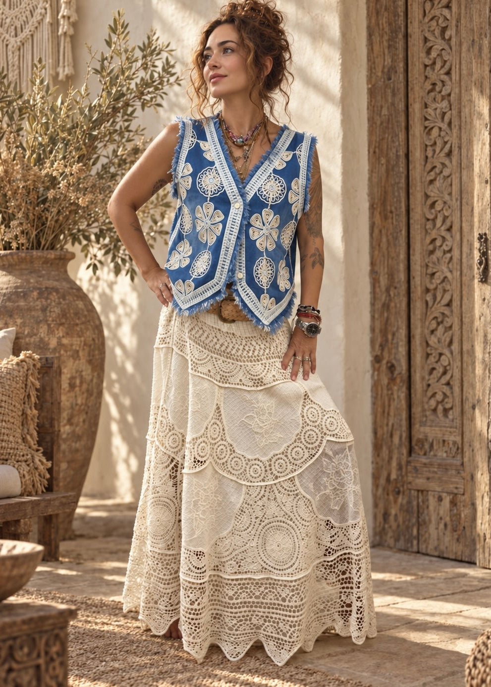 Ivory Sunflower Embroidered Denim Vest