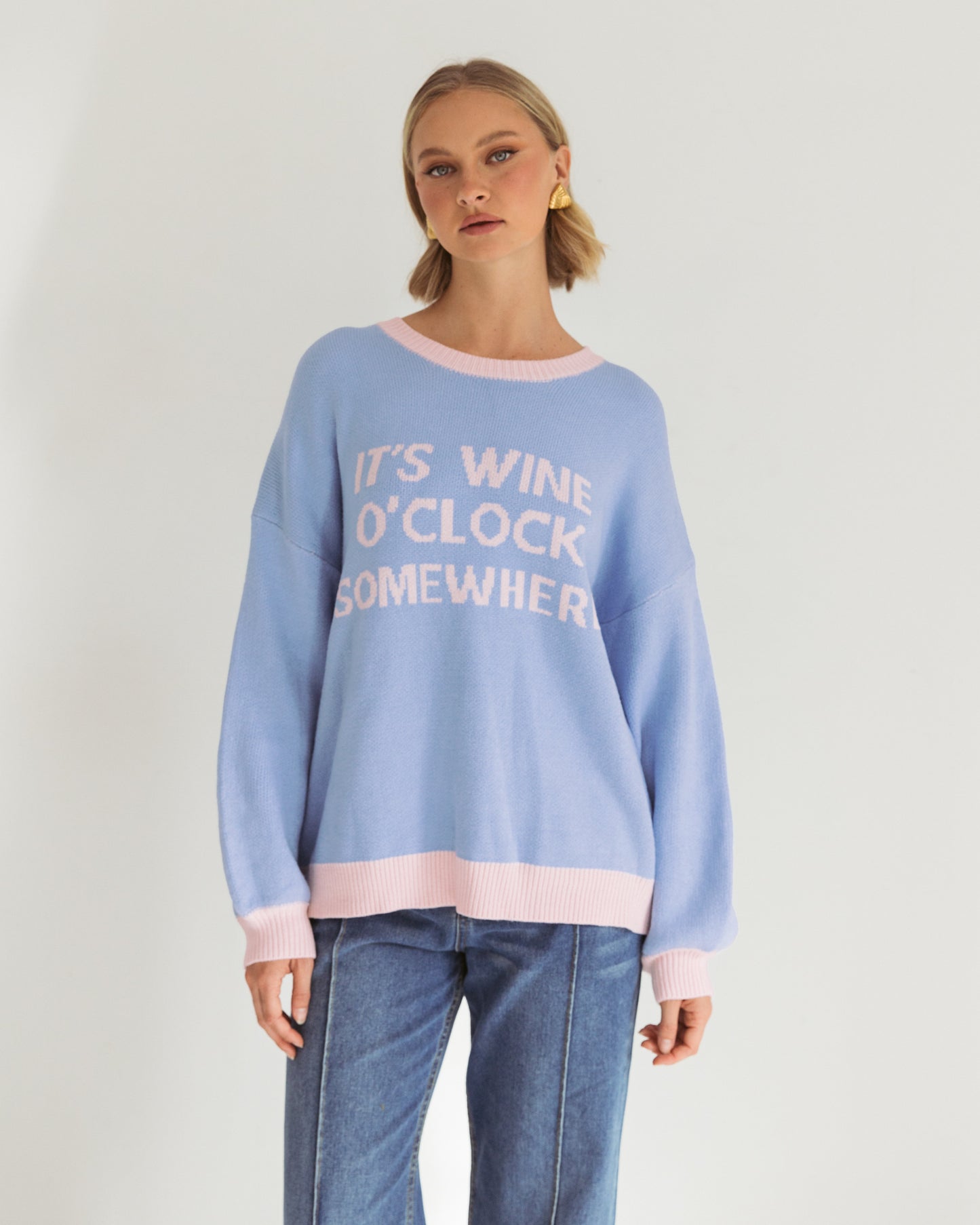 WINE O'CLOCK JUMPER 🍷  PASTAL BLUE & PINK
