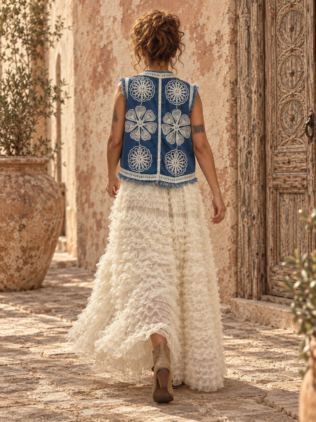 Cocoa Bloom Embroidered Denim Vest