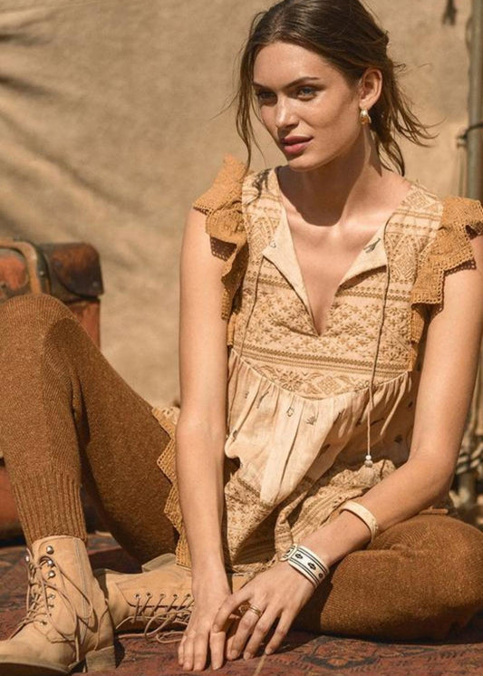 Spell & The Gypsy Collective Muwala Embroidered Sleeveless Blouse - Almond