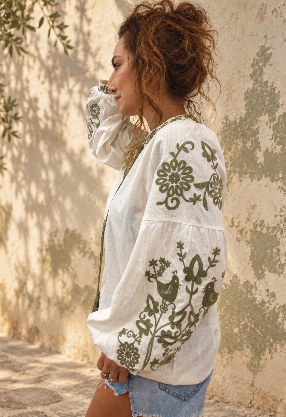 Khaki Songbird Embroidered Blouse