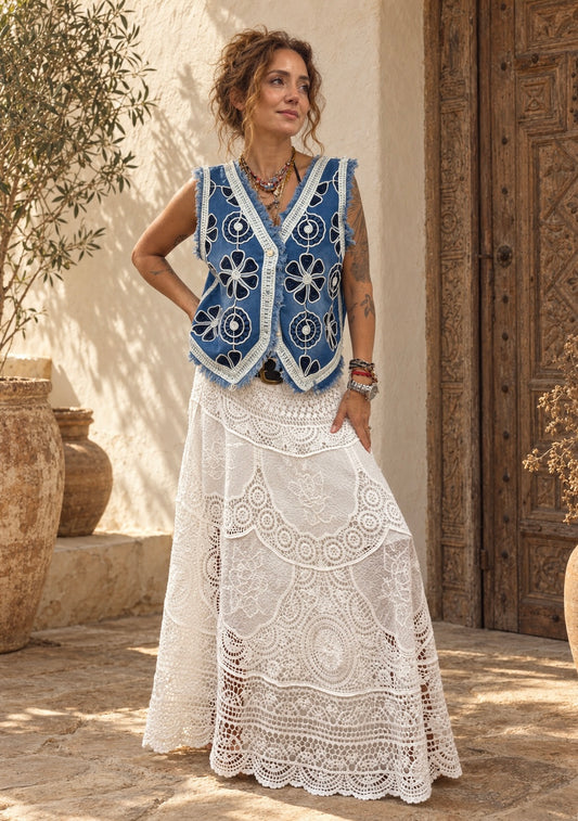 White Magnolia Embroidered Lace Skirt ~ Dream catcher